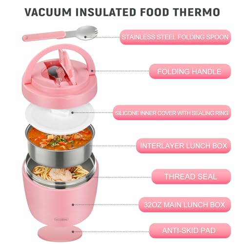 wiwens Thermo Food Jar for Hot Food Adults 32OZ Soup Thermo Lunch Containers Wide Mouth Vacuum Insulated Stainless Steel Leakproof Bento Box with Spoon (Pink2) - color: Pink2
