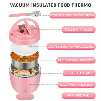 wiwens Thermo Food Jar for Hot Food Adults 32OZ Soup Thermo Lunch Containers Wide Mouth Vacuum Insulated Stainless Steel Leakproof Bento Box with Spoon (Pink2) - color: Pink2