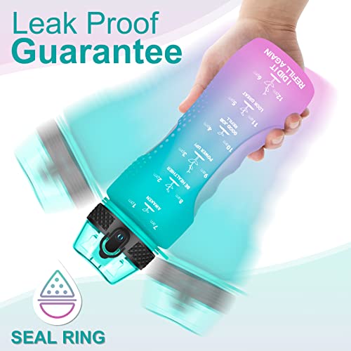 24 OZ Motivational Kids Water Bottle With Time Marker,Straw Lid,Leak Proof, Tritan BPA Free Sports Water Bottle Green-Purple(1 Lid) - color: Green Purple