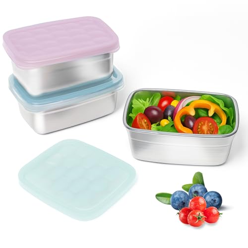 Tanjiae 3-Pack Stainless Steel Snack Containers for Kids & Toddlers - 550ml (18oz) Leakproof Reusable Food Containers with LFGB Certified Lids | Stackable Metal Lunch Box for Daycare, School, Travel - color: 3-Pack 550ml Snack Containers for Kids, size: 1