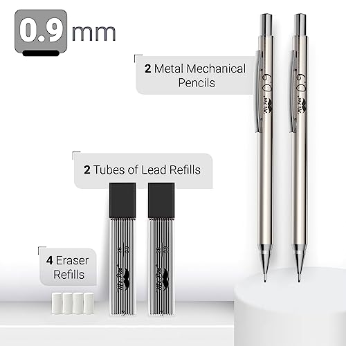 Mr. Pen- Metal Mechanical Pencil Set with Lead Refills & Erasers, 2 Pack | 0.9mm, 4x Tubes 2B Lead Refill, 4x Eraser Refills for School Supplies, Note Taking, Drawing, Sketching, Office - style: 0.9mm
