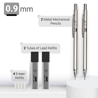 Mr. Pen- Metal Mechanical Pencil Set with Lead Refills & Erasers, 2 Pack | 0.9mm, 4x Tubes 2B Lead Refill, 4x Eraser Refills for School Supplies, Note Taking, Drawing, Sketching, Office - style: 0.9mm