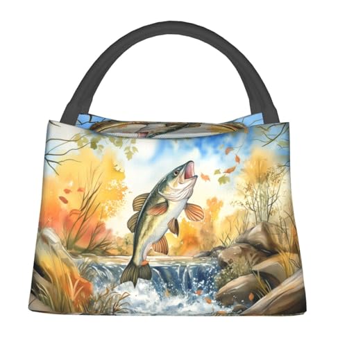 Bass Fishing Scene Lunch Box for Women Girls Adults Insulated Jumping Fish and Flowing Stream Lunch Bag for Work Picnic Camping Travel Gifts Large Capacity Cooler Thermal Reusable Tote Makeup Bags - color: Fishing50