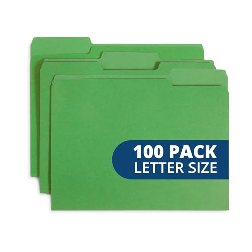 Blue Summit Supplies 100 File Folders, Letter Size, 1/3 Cut Tab, Green | Durable 11pt uncoated paper, 1/3 cut top tab, assorted tab positions, for office, school, and home filing - color: Green