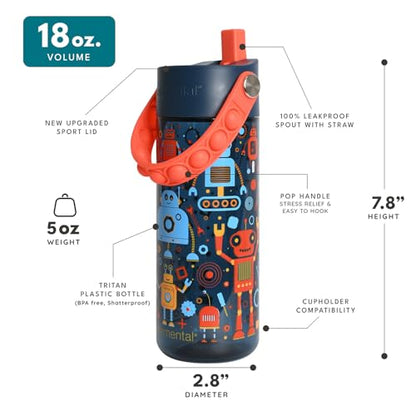 Elemental Water Bottles for Kids - Splash Kids Water Bottle for School with Pop-it Handle - BPA Free Tritan Plastic Water Bottle with Straw Leak Proof when Spout is Closed - Blue Robot - 18oz - color: Blue Robot