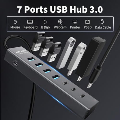 6Ft 7-Port USB Hub 3.0 for Desktop, 4 USB-A & 3 USB-C Ports Aluminium 5Gbps USB Extender Hub, USB Splitter, USB Hub Long Cable for Desktop, PC, Flash Drive, Mobile HDD SSD, Windows/XPS - size: 6Ft
