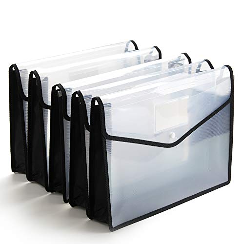 Plastic File Folder Poly Envelope Expanding File Wallet Document Folder with Snap Button Closure, Legal Size, 5 Pack Large Waterproof Accordion File Pouch (Transparent&Black) - color: Black