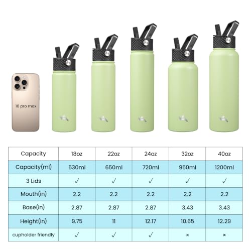 Konokyo 18 oz Insulated Stainless Steel Water Bottle with Straw Lid - color: Macaron Green, size: 18 Ounces