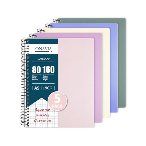 ONAVIA A5 Spiral Notebook, 1 Subject, 5 Pack, 5x5 Graph Ruled, Poly Cover, 5.8" x 8.3", 80 Sheets, Durable Divider Pocket, 90 GSM Thick Paper, for School, Students, Math, Engineering, Multicolors