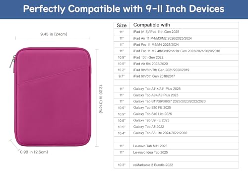 Dadanism 9-11 Inch Tablet Sleeve Bag Carrying Case, Fuchsia | Fits iPad (A16) 11th Gen 11", iPad 10th Gen 10.9" Air 5/4, iPad Air M4/Pro 11", iPad 9/8/7th 10.2", Galaxy Tab A11+ Plus 11" - color: Fuchsia, size: 9-11 inch