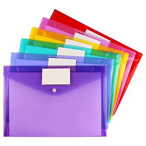 6 Pack Clear Document Folders Plastic Envelopes, A4 Size, 6 Colors | Poly Envelopes File Envelopes with Label Pocket and Snap Button, for Home Work Office Organization - color: 6 Color
