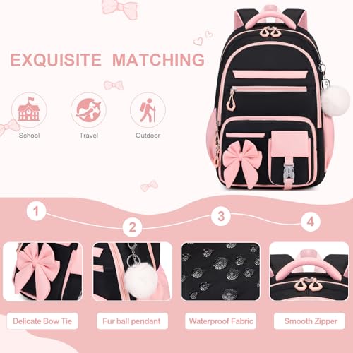 DIGOBAY Girls Backpack - Includes 14oz Insulated Water Bottle, Girls School Backpack Set with Lunch Bag & Pencil Case Teens for School (Black-Pink)