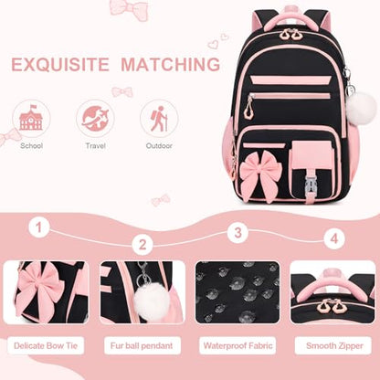 DIGOBAY Girls Backpack - Includes 14oz Insulated Water Bottle, Girls School Backpack Set with Lunch Bag & Pencil Case Teens for School (Black-Pink)
