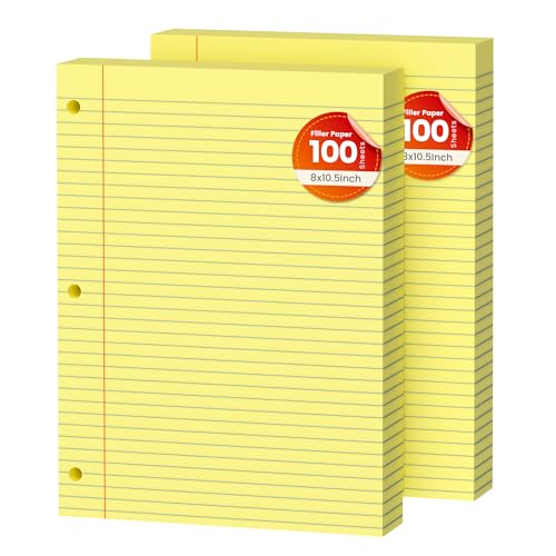 Yellow Loose Leaf Paper 200 Sheets Colored Filler Paper 2 Pack 8 * 10.5 College Ruled Paper 3-Hole Punched Paper for 3-Ring Binders Notebook Lined 8" x 10.5" - color: Yellow 2 Pack