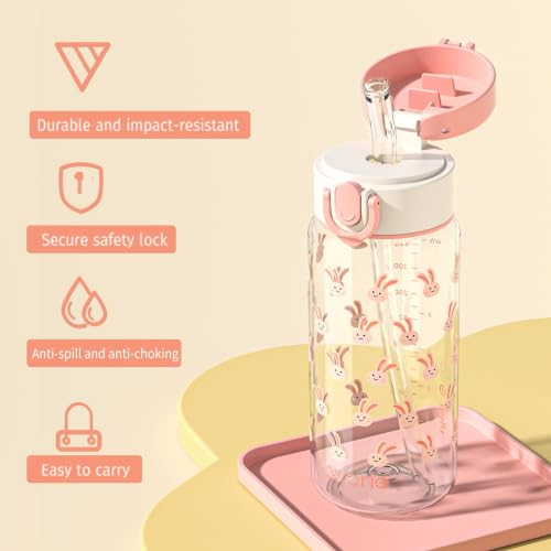 Evorie Tritan Kids Water Bottle with Straw, 13oz BPA-Free Leak-Proof Drinking Bottle for School & Travel, Lightweight Clear Water Bottle, Dishwasher Safe, for Kids Ages 3+ (Pink Rabbit) - color: Pink Rabbit