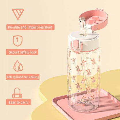 Evorie Tritan Kids Water Bottle with Straw, 13oz BPA-Free Leak-Proof Drinking Bottle for School & Travel, Lightweight Clear Water Bottle, Dishwasher Safe, for Kids Ages 3+ (Pink Rabbit) - color: Pink Rabbit