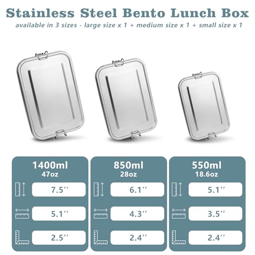 TeamFar Stainless Steel Bento Box, 3 Pack (16, 28 & 47oz) Metal Lunch Box with 3 Compartments for Adults Kids, Lunch Food Containers for School/Work/Meal Prep, Leak-Proof, 550ML+850ml+1400ML