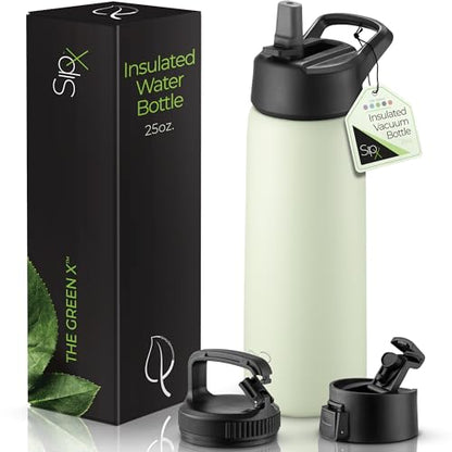 SipX™ 25 oz Insulated Water Bottle with 3 Lids – Leakproof Stainless Steel, Triple Insulated – Cold 24 Hours/Hot 12 Hours – Durable Bottle for School, Gym, Travel – Green - color: Green, size: 25 Ounces