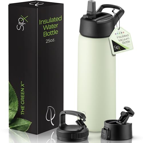 SipX™ 25 oz Insulated Water Bottle with 3 Lids – Leakproof Stainless Steel, Triple Insulated – Cold 24 Hours/Hot 12 Hours – Durable Bottle for School, Gym, Travel – Green - color: Green, size: 25 Ounces