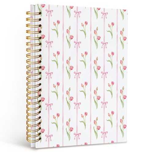 MOFUYU Tulips Spiral Journal Notebook for Women,Cute Notebook | Pink Hardcover Notebook for Work Note Taking,Cute Notebooks for School A5 Size 5.5x8.3 - color: Tulip(pink)