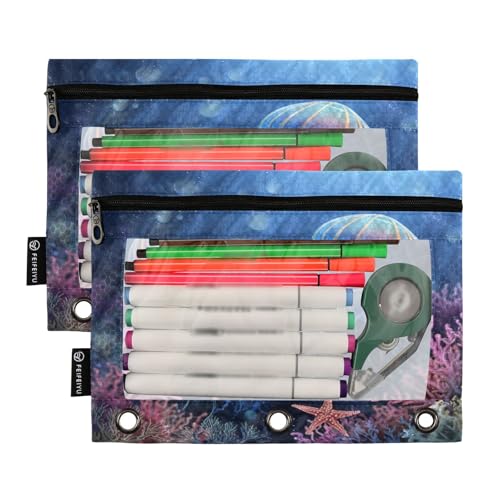 Pencil Pouch for 3 Ring Binder Jellyfish and Starfish Binder Pencil Case with Clear Window Zipper Cosmetic Bags 2 Pack for School Office College Supplies - color: Jellyfish and Starfish