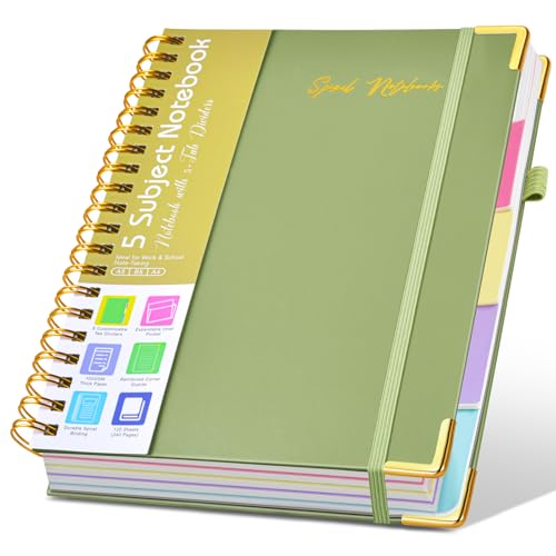 Hardcover Spiral Notebooks for Work, 5 Subject Notebook College Ruled with Dividers Tabs, Lined Organizer Notebook Journal for women, 8"x10" Large B5 Notebooks for School Note taking, 240 Pages Green - color: Paper-green, size: B5（8" x 10"）