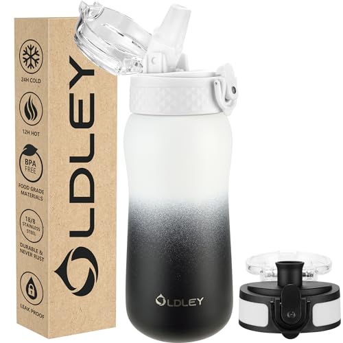 OLDLEY Insulated Water Bottle 12oz Water Bottles with Straw, Stainless Steel Water Bottle with 2 Lids, Double Wall Vacuum Bottels for Adults School Kids, Leak-Proof Travel Sport Bottles, White Black - color: White Black, size: 12 Ounces