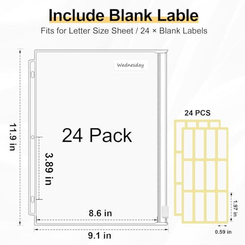 KTRIO 24 Pack Binder Pockets, 8.5 x 11 Zipper Pouches for 3 Ring Binders | Thickened PVC Document Folders, 3 Holes Pre-Punched Fits Standard Binder Letter-Size Paper Storage, Business Office Supplies - size: 24 Pack, style: White Zipper