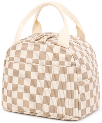 Bluboon Lunch Bag for Women Men Cute Corduroy Lunch Tote Bags Reusable Insulated Lunch Box Large Capacity Reusable Insulated Cooler for Work Picnic or Travel - color: A Corduroy checkered brown, size: Medium (10L)