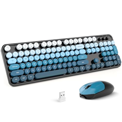 MOFII Wireless Keyboard and Mouse Combo, Retro Full Size Typewriter Keyboard with Number Pad and Sport Car Mouse for PC Computer Desktop Laptop Windows (Black Blue) - color: Black Blue