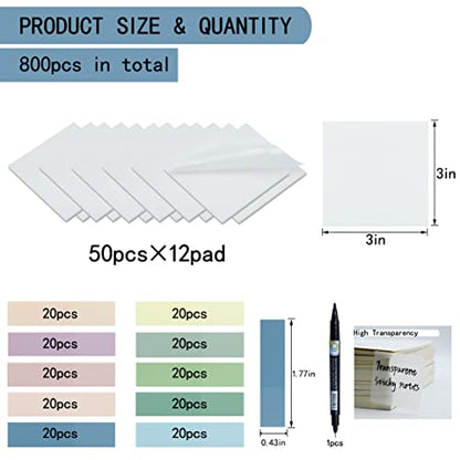 YOUDEFUL 800Pcs Transparent Sticky Notes, 3"x3" Clear Sticky Notes, Waterproof Translucent Sticky Note Pads for Books Annotation, Clear Post it Notes for Bible Study, School, Office（White） - size: Square White