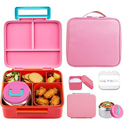 Bento Lunch Box for Kids with 8oz Soup Thermo Leak-Proof Lunch Food Containers with Snack Sauce Container for Kid Girls Boys to School,Pink Bag - color: Pink Bag