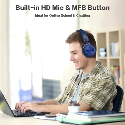 SIMOLIO Stereo Wired Headphones Teens Adults Kids Youths w/Mic & Volume Control & Volume Limited & Share Port & Portable Pouch, Safe Volume Durable Headset for Online School Gaming PC Laptop Travel