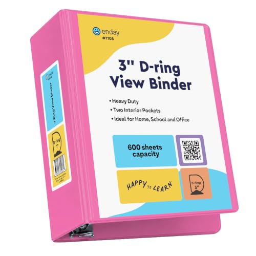 Enday 3 Inch Binder Pink 3 Ring Binder 3 Inch, Heavy Duty Three Ring Binder, 600 Sheets Capacity - 3 Inch Binder for Home School and Office - color: Pink, size: 3-Inch