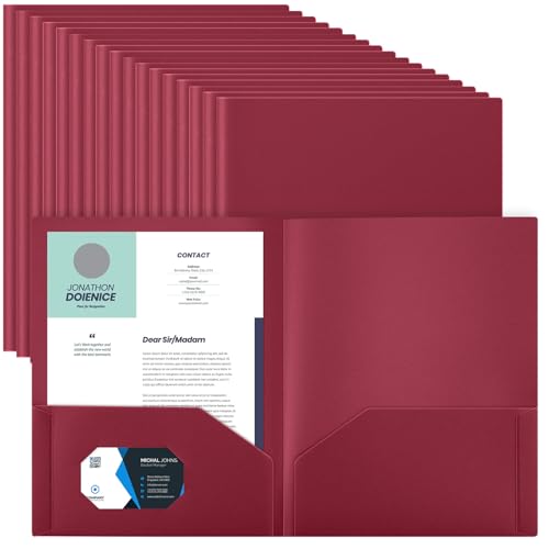 Gueevin 100 Pack Plastic Folder with Pockets, 2 Pocket Folders, Plastic Glossy Folders Fit Letter Size Paper, Heavy Duty Durable File Folder with Business Card for Home Office School (Dark Red) - color: Dark Red