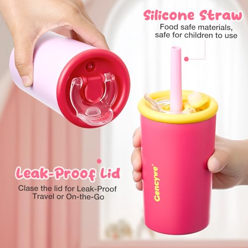 Gencywe Kids Stainless Steel Cups with Straws and lids | 12 oz Spill-Proof Sippy Smoothie Tumbler Set, Small Kids Snack & Drink Water Cups, BPA-Free, Dishwasher Safe, with Box (Age: 3+ years old & up) - color: Pink