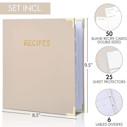 Aesthetic Recipe Binder with Polyester Waterproof cloth Cover - The Perfect Recipe Book with Plastic Sleeves to Write in Your Own Recipes - Quality Blank Cookbook Binder, Cards incl. - color: Oat, size: Medium - 9.5x8.5"