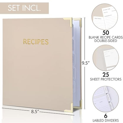 Aesthetic Recipe Binder with Polyester Waterproof cloth Cover - The Perfect Recipe Book with Plastic Sleeves to Write in Your Own Recipes - Quality Blank Cookbook Binder, Cards incl. - color: Oat, size: Medium - 9.5x8.5"