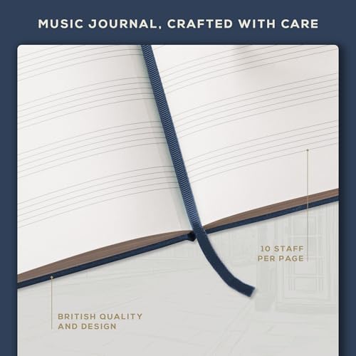 Beechmore Books Blank Sheet Music Notebook – A4 8.5"x11.5" for Songwriters, Musicians & Composers, 156 Thick 120gsm Pages, 10-Staff Perforated Sheets, Vegan Leather Hardcover, Elastic Closure, Gift Box - color: Symphony Blue