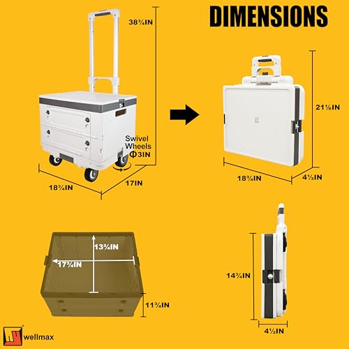 Wellmax Rolling Crate with Wheels, Foldable Utility Cart with Adjustable Handle, Silent Rolling Design, 132 lbs Load Capacity — Great for Teachers, Office, Groceries & Everyday Use