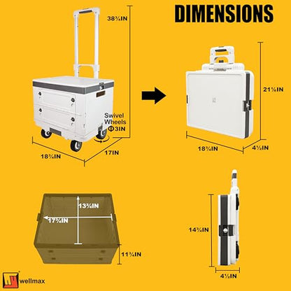 Wellmax Rolling Crate with Wheels, Foldable Utility Cart with Adjustable Handle, Silent Rolling Design, 132 lbs Load Capacity — Great for Teachers, Office, Groceries & Everyday Use
