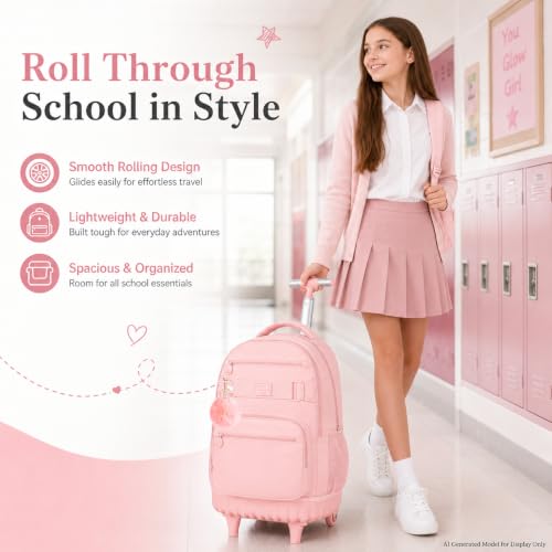 HPJGD 3PCS Girls Rolling Backpack, Womens Pink School Backpacks with Wheels, Water Resistant Roller Kids Wheeled Bookbag Set - color: Classic Pink Rolling Backpack Set