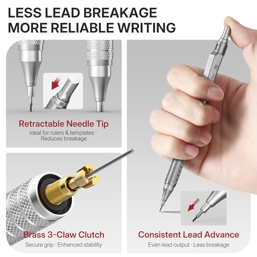 WUO 0.5mm Mechanical Pencil Set, 3 Silver Metal Drafting Pencils with 480 HB Lead Refills, Precision Eraser Pen, 4B Erasers & Case, Mechanical Pencils for Writing, Drawing, Sketching & School - color: Silver, size: 0.5