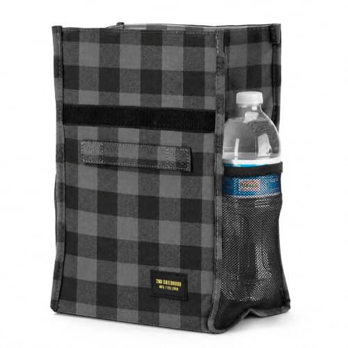 2nd Childhood Insulated Lunch Bag for Men, Durable & Reusable, Plaid Grey | Slim lunch bag with carry handle, two mesh side pockets and a back slip pocket; insulated liner keeps food cool - color: Buffalo Grey