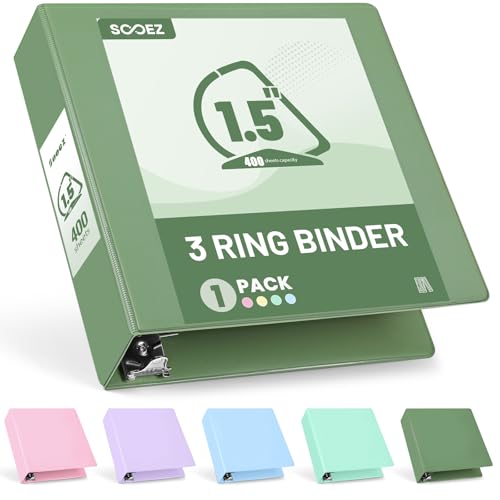 Sooez BinderX Extra Durable 1.5 Inch 3-Ring Binder, Holds 400 Sheets of 8.5x11 Paper, Customizable View Cover with Inside Pockets, Heavy Duty Binder for School, Olive Green - color: Olive Green, size: 1.5 inch
