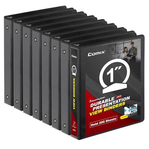 COMIX Sturdy 3 Ring Binder 1 inch with Clear View Cover, 1" Round Ring View Binder, PVC-Free, 2.4mm-Thick, 200 Sheets Capacity of US Letter Size Paper, Office ＆ School Supplies, 8 Pack (Black) - color: Black, size: 1 Inch, style: 8 Pack