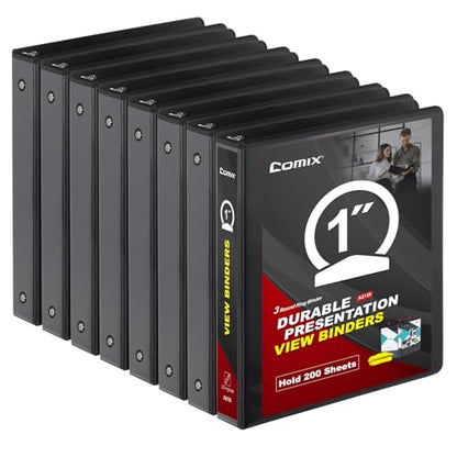 COMIX Sturdy 3 Ring Binder 1 inch with Clear View Cover, 1" Round Ring View Binder, PVC-Free, 2.4mm-Thick, 200 Sheets Capacity of US Letter Size Paper, Office ＆ School Supplies, 8 Pack (Black) - color: Black, size: 1 Inch, style: 8 Pack