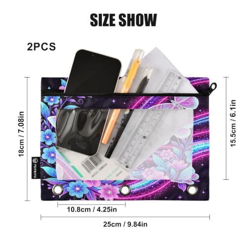 Gredecor 3 Ring Binder Pencil Pouch, Neon Butterflies and Flowers Zippered Pen Case Pouches with Clear Window, 2 Pack Stylish Office & School Supplie - color: Neon Butterflies and Flowers