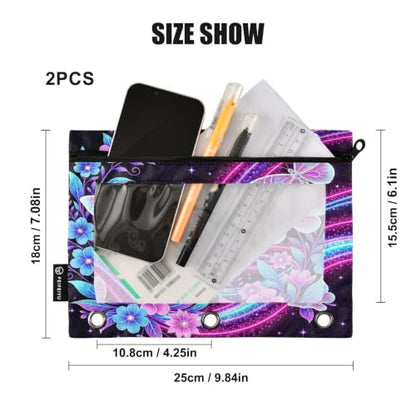 Gredecor 3 Ring Binder Pencil Pouch, Neon Butterflies and Flowers Zippered Pen Case Pouches with Clear Window, 2 Pack Stylish Office & School Supplie - color: Neon Butterflies and Flowers