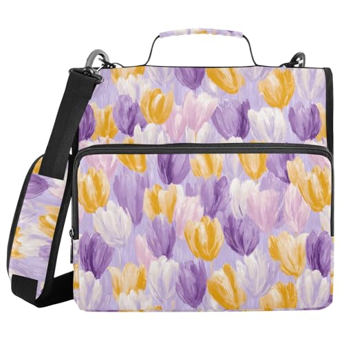3 Ring Zipper Binder Yellow Purple Tulip Floral Binders Bag with Shoulder Strap 500 Sheets Paper Organizer Trapper Keeper Documents Storage File Folder for School Office - color: A855